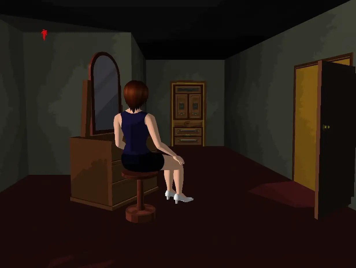 1990s 3D ps1 styled Gameplay screenshot for PlayStation featuring a 3D polygonal characters models of a pretty woman sitting at a dresser with a mirror while afar in the background is an open closet door 1990s 3D polygonal style video game 3rd person 3D Adventure 3rd person 3D 3rd person mystery 1990s graphics retro style game 3D 3rd person survival horror game 3d 1990s PlayStation One Graphics