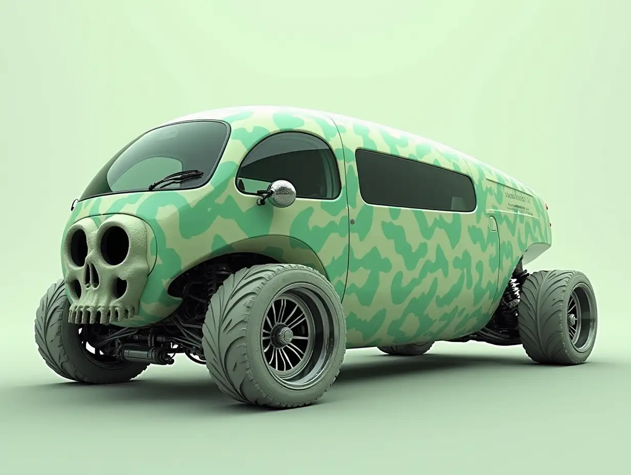 A supermodern utopian sports omnibus, a lowered body with a skull, aluminum rims, wide tires, cream green zigzag pattern, Science Fiction.