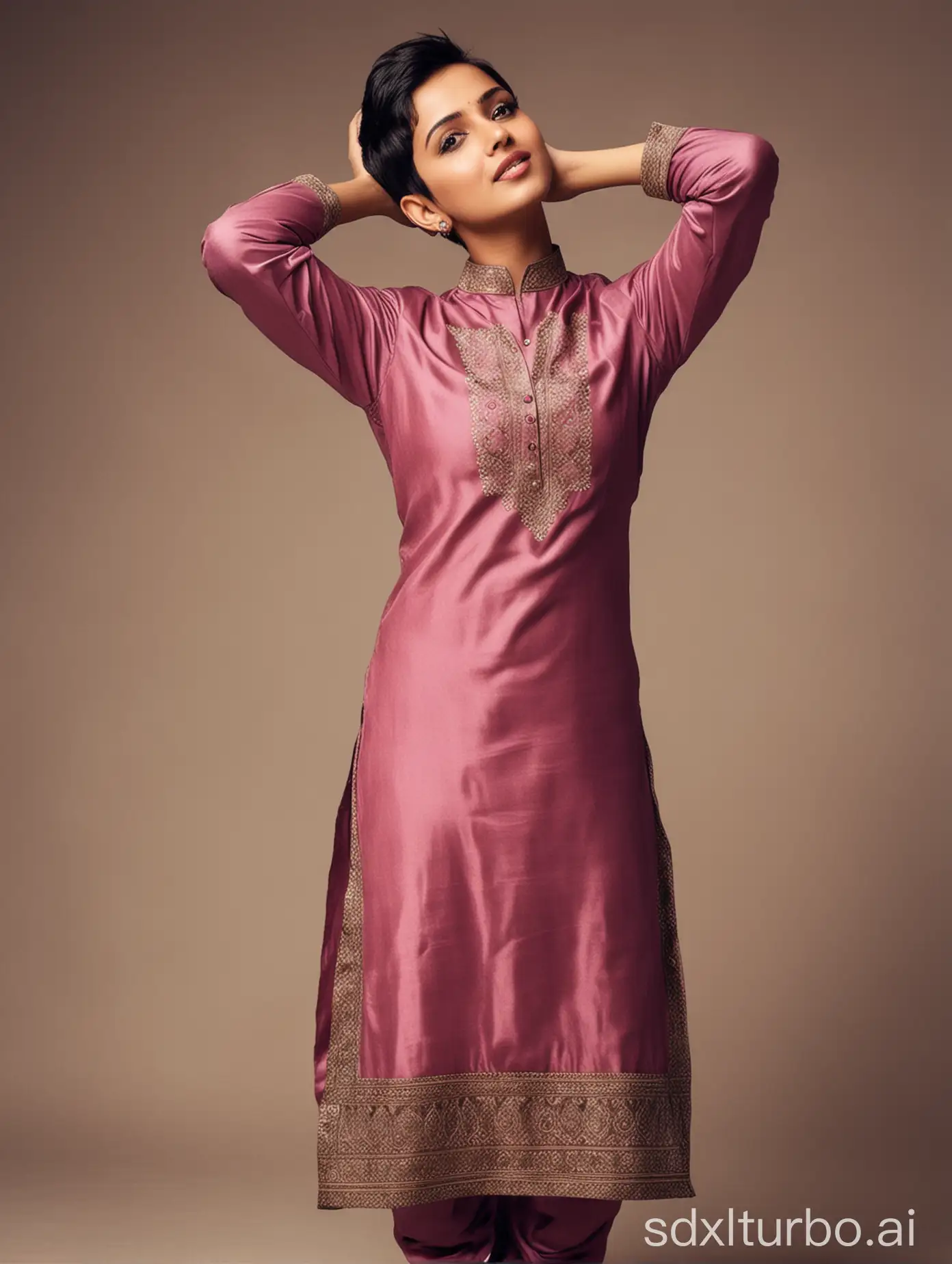 Pixie-Hair-Tomboy-in-Satin-Salwar-Kameez-with-Raised-Arms