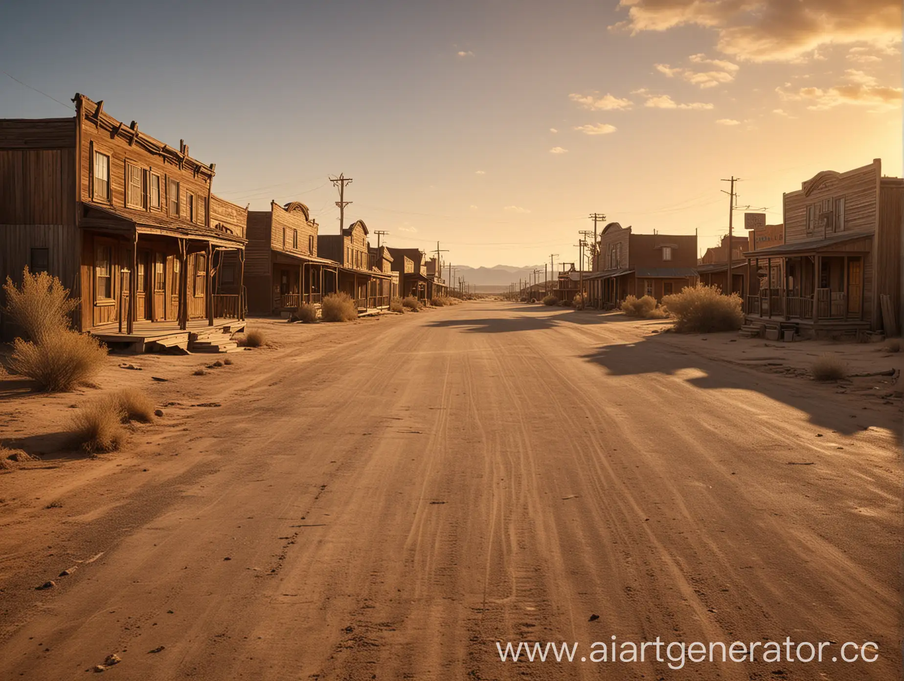 "Side view of a classic Wild West town street at sunset. In the foreground, a sandy dirt road runs from left to right across the image. Tumbleweeds roll along the road. Behind the road, wooden buildings line the street, including old-fashioned saloons and weathered houses. The scene is bathed in warm, golden sunset light, creating long shadows and a nostalgic atmosphere. The perspective is as if someone is standing on the side of the road, capturing the scene perpendicular to the street. Cinematic composition, detailed textures, realistic lighting."