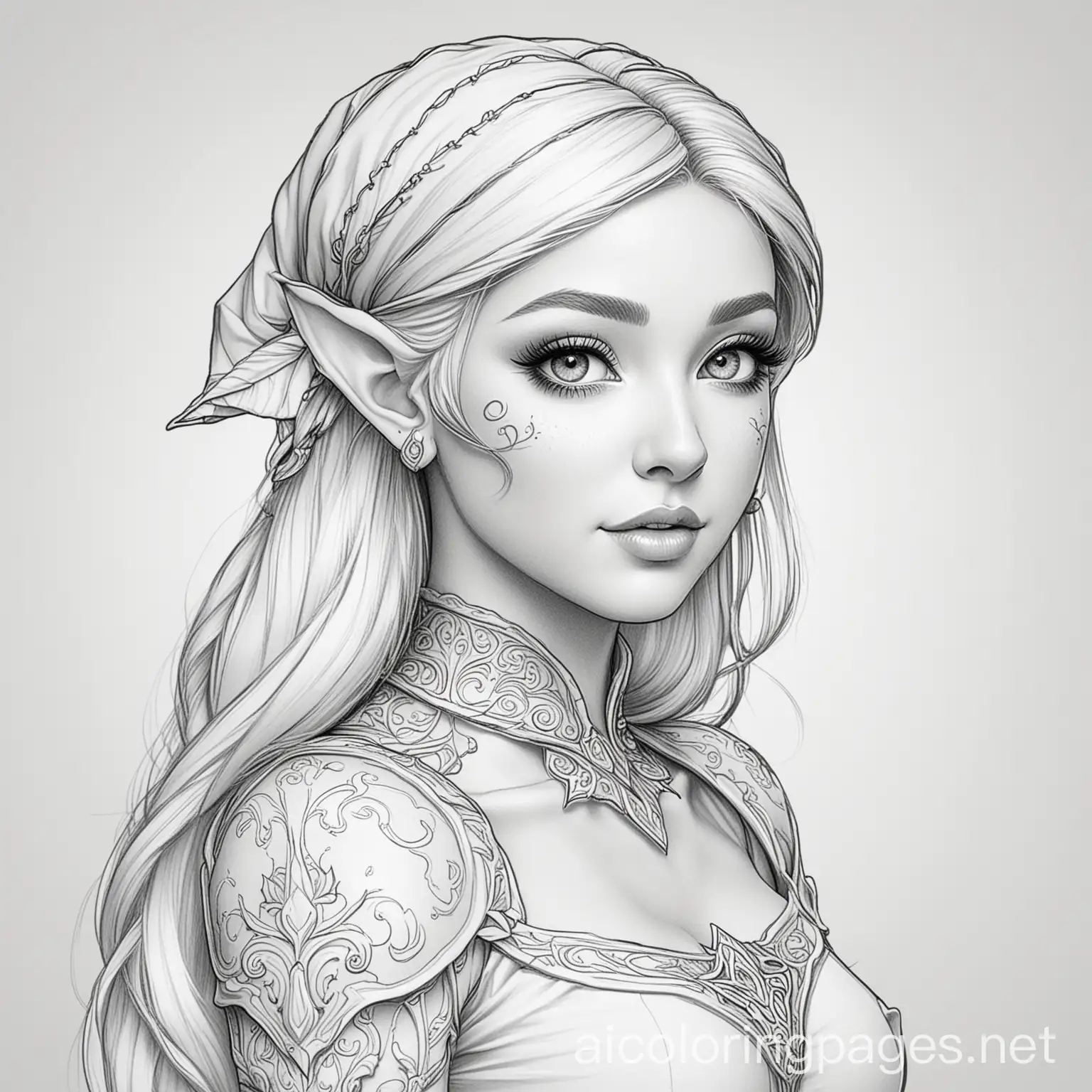 fantasy style elf woman, Coloring Page, black and white, line art, white background, Simplicity, Ample White Space. The background of the coloring page is plain white to make it easy for young children to color within the lines. The outlines of all the subjects are easy to distinguish, making it simple for kids to color without too much difficulty