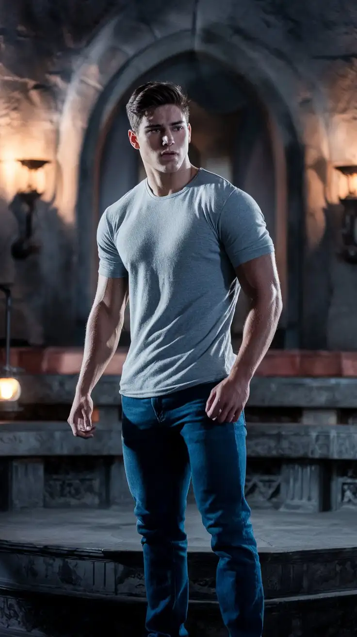 In a secret underground chamber. A handsome, sturdy college guy stands on a dais, gazing in concern.