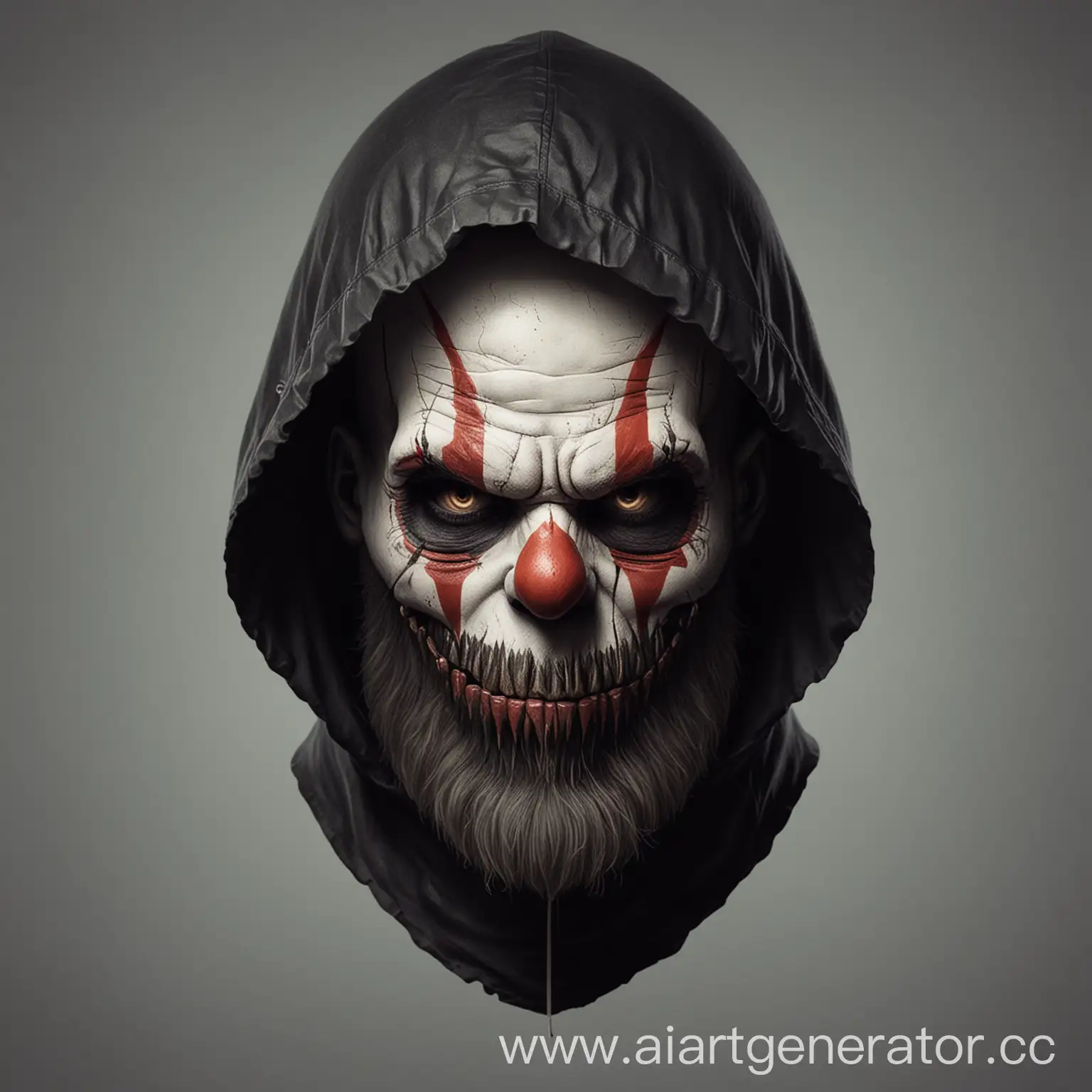 Minimalistic-Clown-Head-Skull-with-Beard-in-Hood-Looking-Straight