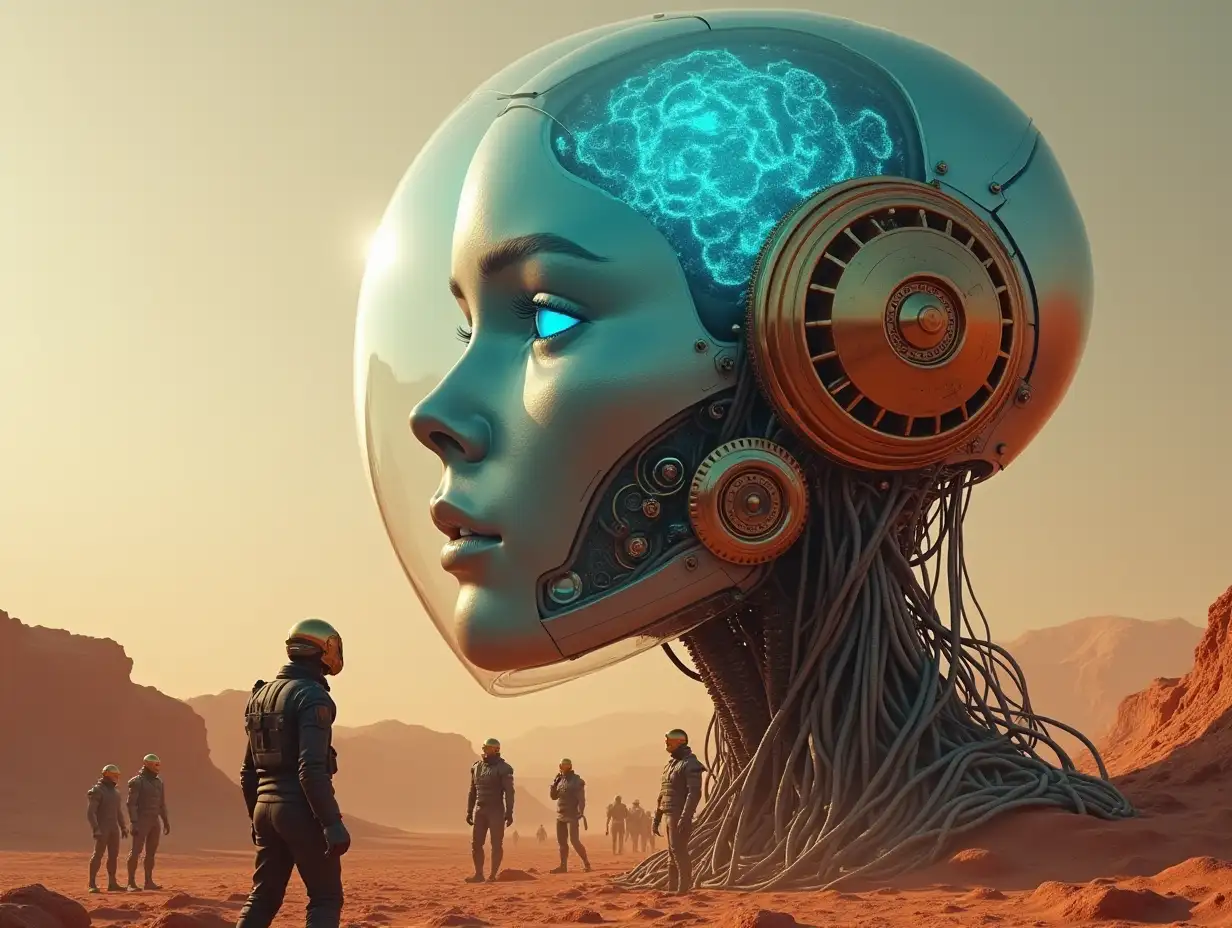 Create a high-resolution, realistic image of artificial intelligence Robert, 20 meters tall, with aliens, gears on the cheeks and a glass head with a visible glowing sapphire brain, screws and many people with helmets and breathing masks on the ground, Mars 4k resolution