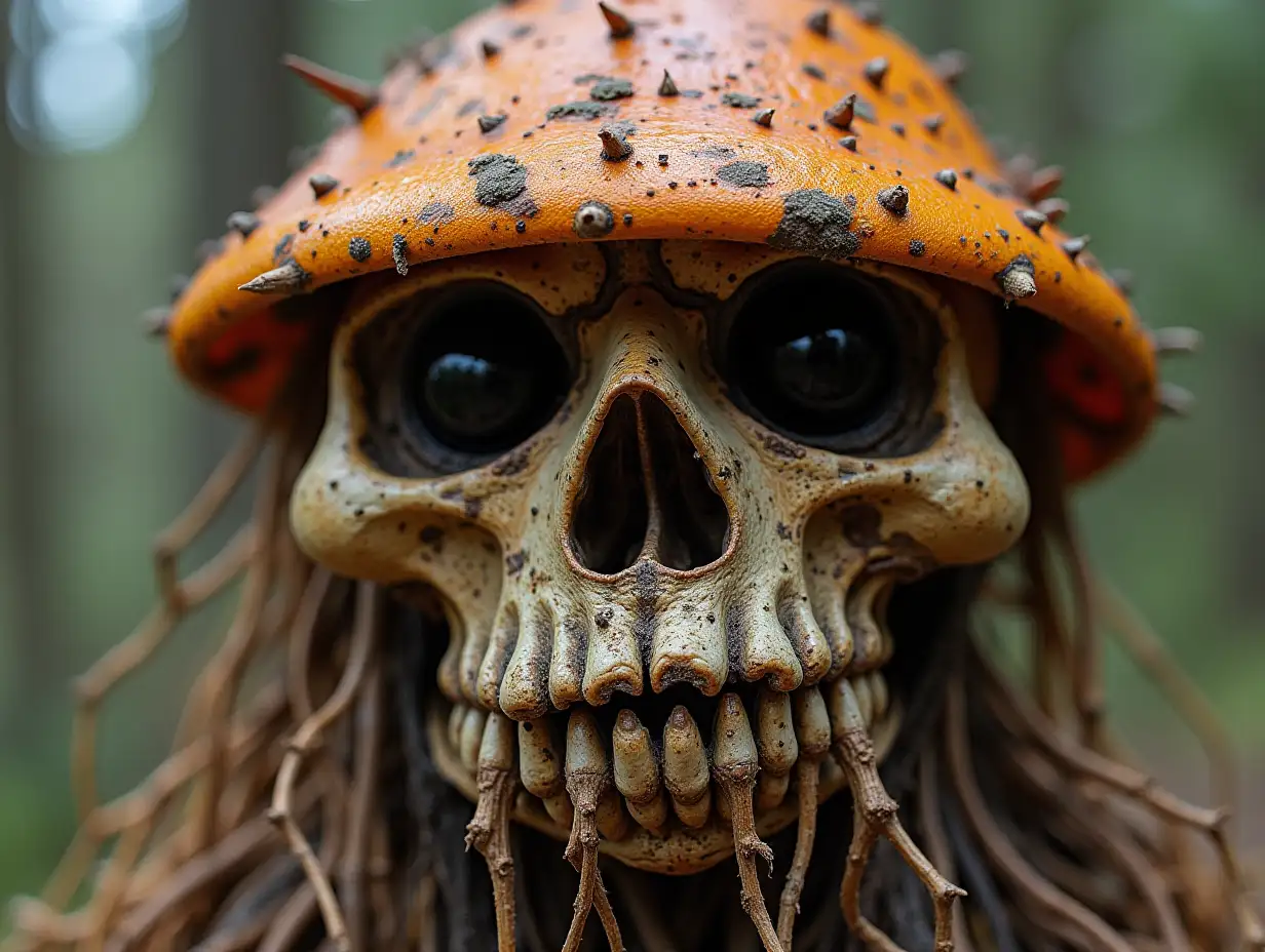 Face transformed into building with brown Fly Agaric roots