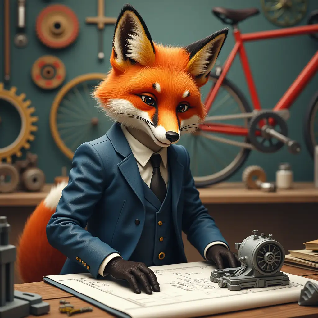 Fox-in-Suit-Inventing-Mechanical-Devices-with-Bicycle-Parts-and-Gears