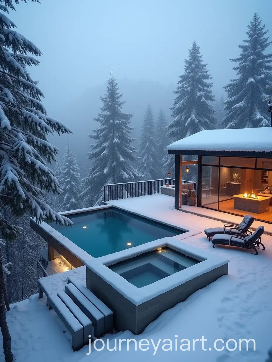 Snowy-Forest-Roof-Garden-with-Infinity-Pool-and-Fire-Pit-at-Night