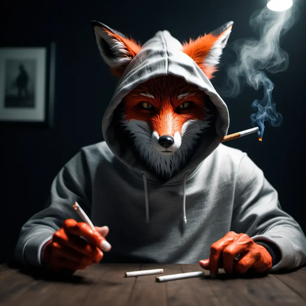 Intimidating-Fox-in-Hoodie-Smoking-at-Table