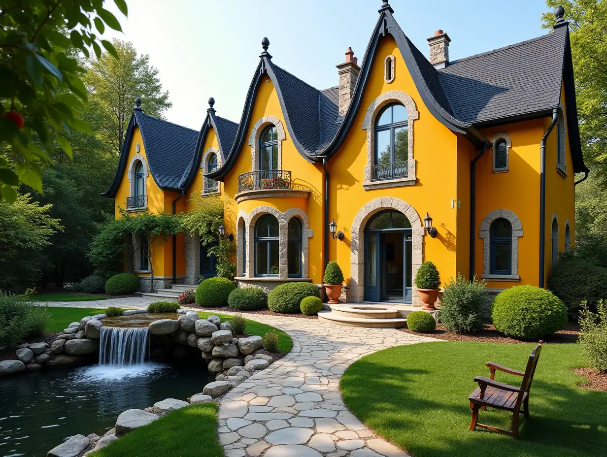 crooked house garden -with yellow stucco with white ornaments in the form of circles black roof, large windows with glass, curved, rough window shapes, winding grand entrance steps made of marble a small waterfall complex bent roof with dike, lanterns, bench apple tree 4K resolution colorful super wide-angle shots