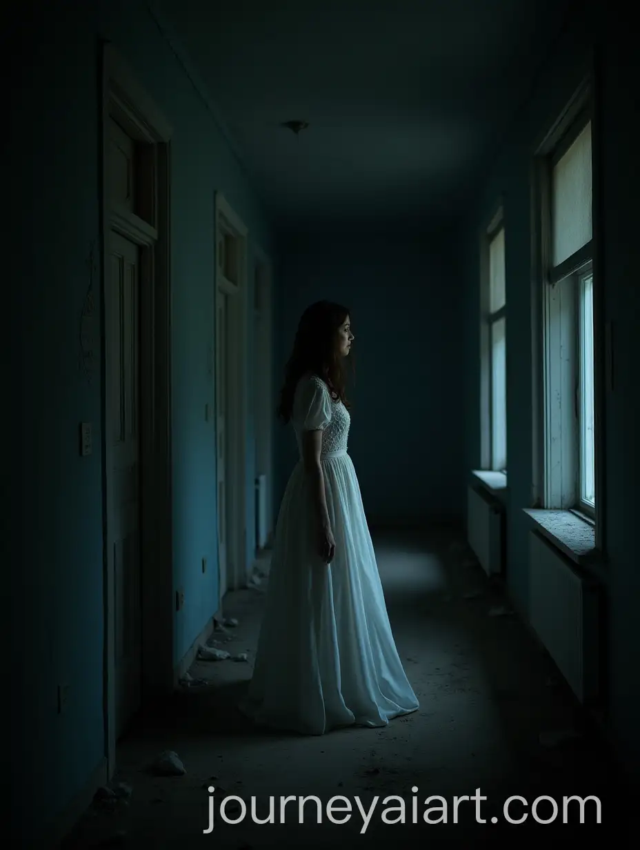 Lonely-Woman-in-Abandoned-Building-at-Night