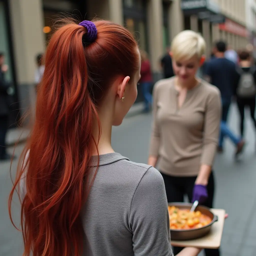 RedHaired-Woman-with-Purple-Ponytail-Observing-Blond-Pixie-Woman-by-Pavement-Casserole