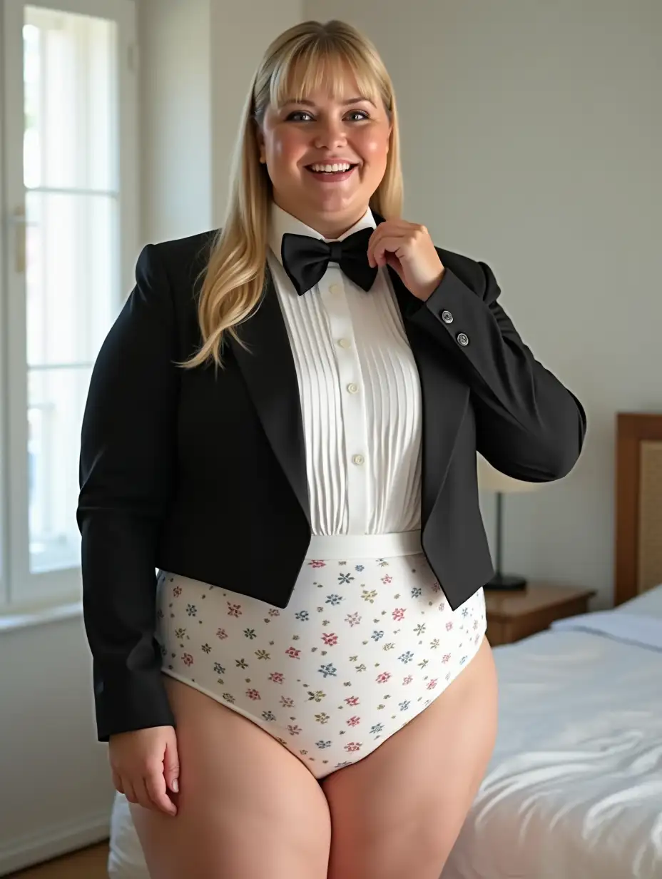 Elegant-MiddleAged-Woman-in-Formal-Orchestra-Tuxedo-in-White-Bedroom