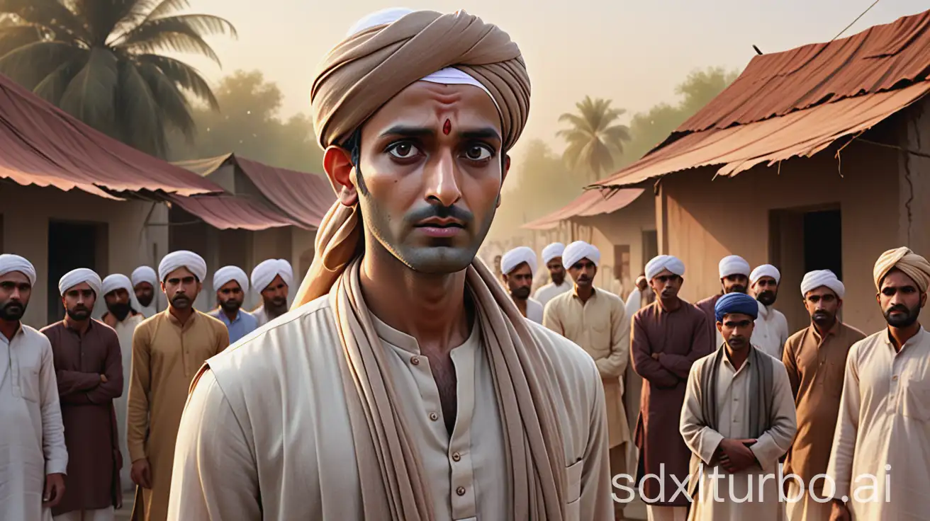 Image Prompt: Ultra-realistic 4K cinematic early morning scene in an Indian Muslim-style village square. Ali Baba (age 40), wearing a simple brown kurta-pajama and a white turban, stands with a solemn expression on a raised platform. His face looks pale with grief. Around him, villagers of different ages gather, wearing traditional outfits. Marjiyana (age 19), standing behind him, looks quietly composed, dressed in a clean white dupatta with sorrow in her eyes. The scene captures the morning light casting soft golden hues, with a slight haze in the background. Facial expressions show shock and sadness. Character consistency is maintained perfectly—age, facial features, and clothing are all exact.