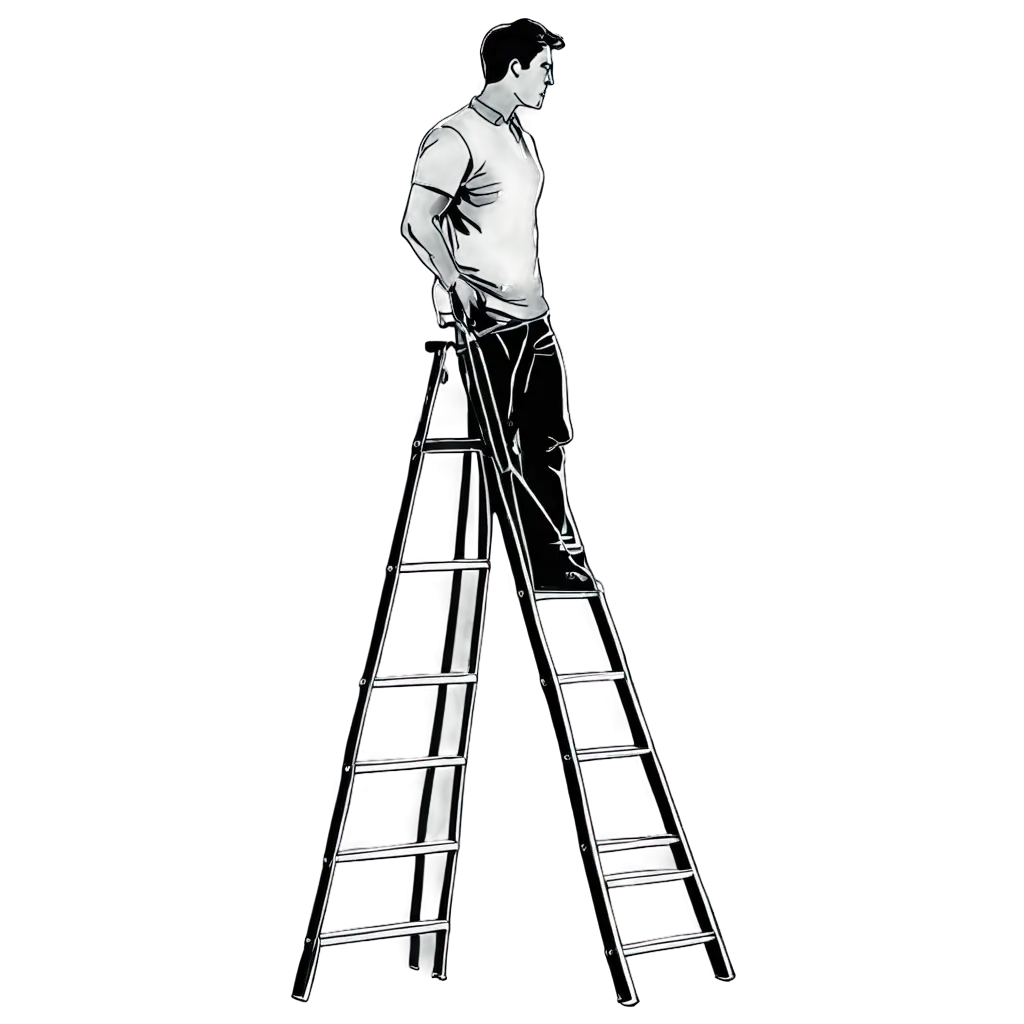 Wooden ladder, Man, Line art, Retro, black and white