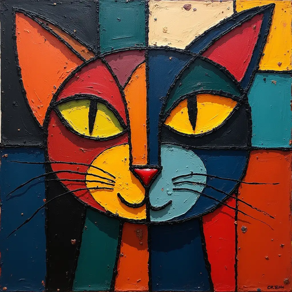 Picture in a grid of a cat's face in the style of Kandinsky, Malevich, minimalism, simplified for a beginner acrylic artist with many colors, constructivism abstractionism, rather dark