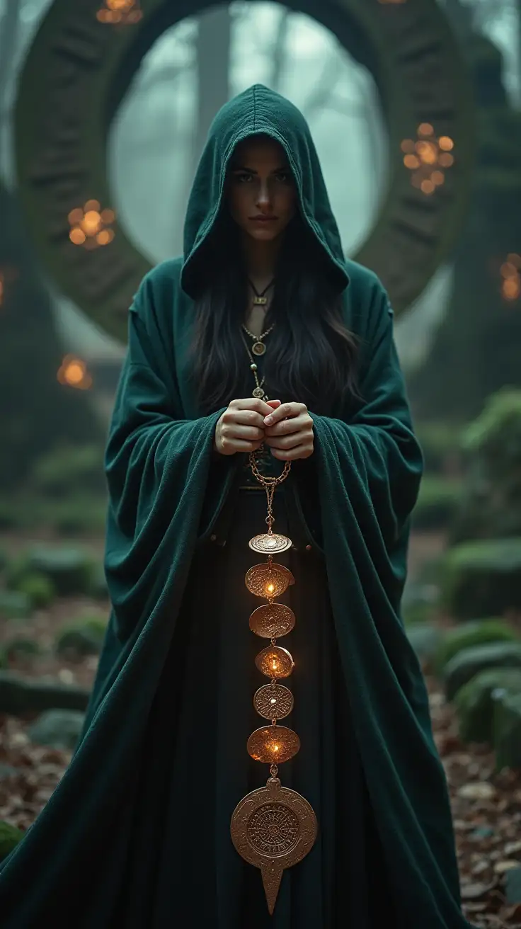 Female-Druid-with-Copper-Pendulum-in-Mysterious-Stone-Circle-Grove