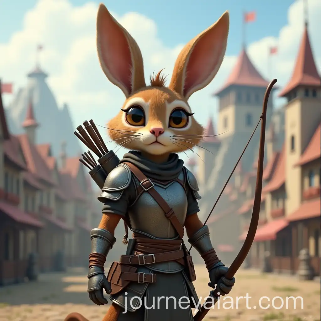 Bipedal-Intelligent-Creature-in-Simple-Iron-Armor-with-a-Bow-in-Medieval-City