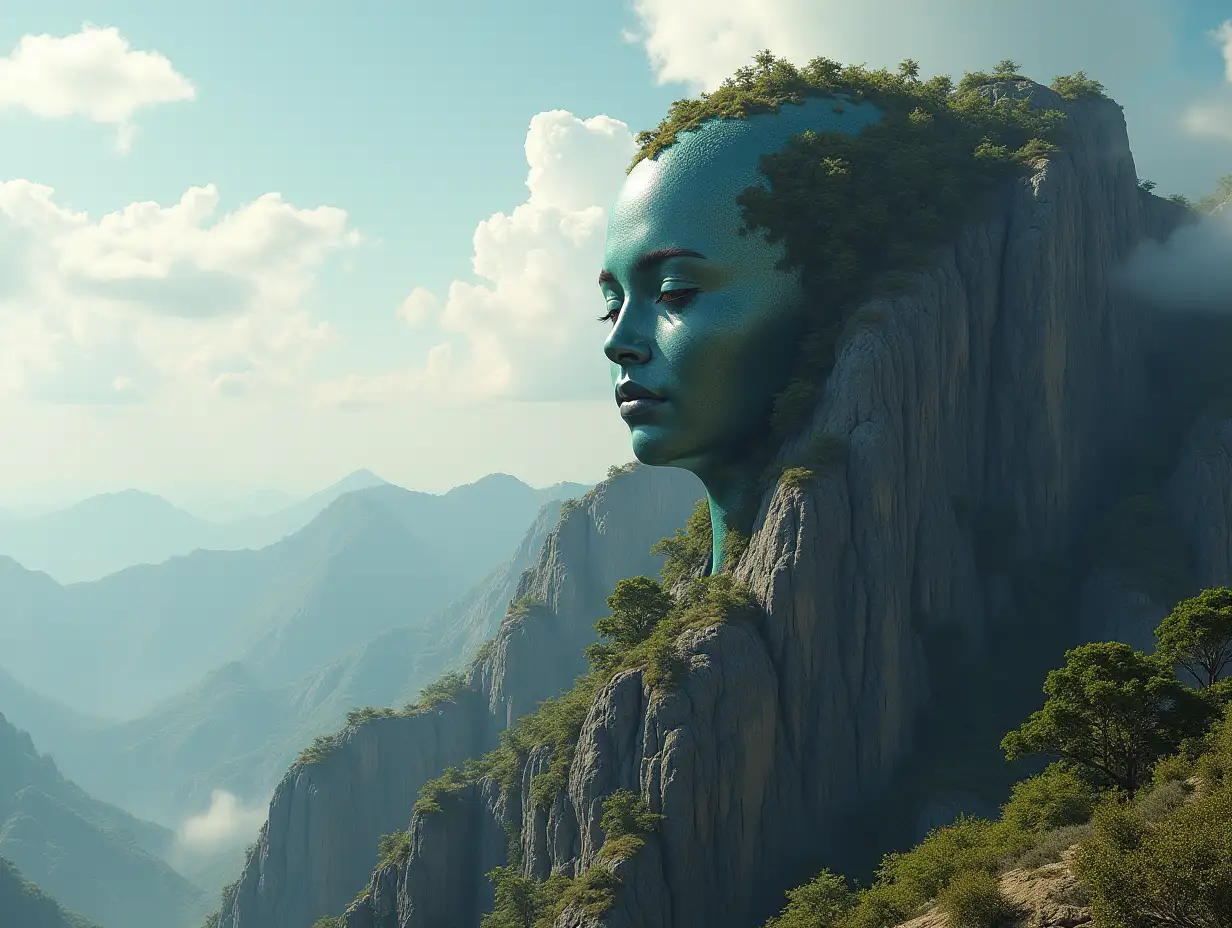 Create for me a photorealistic image of Paradise face transformed into a building on a high mountain on another planet with an alien