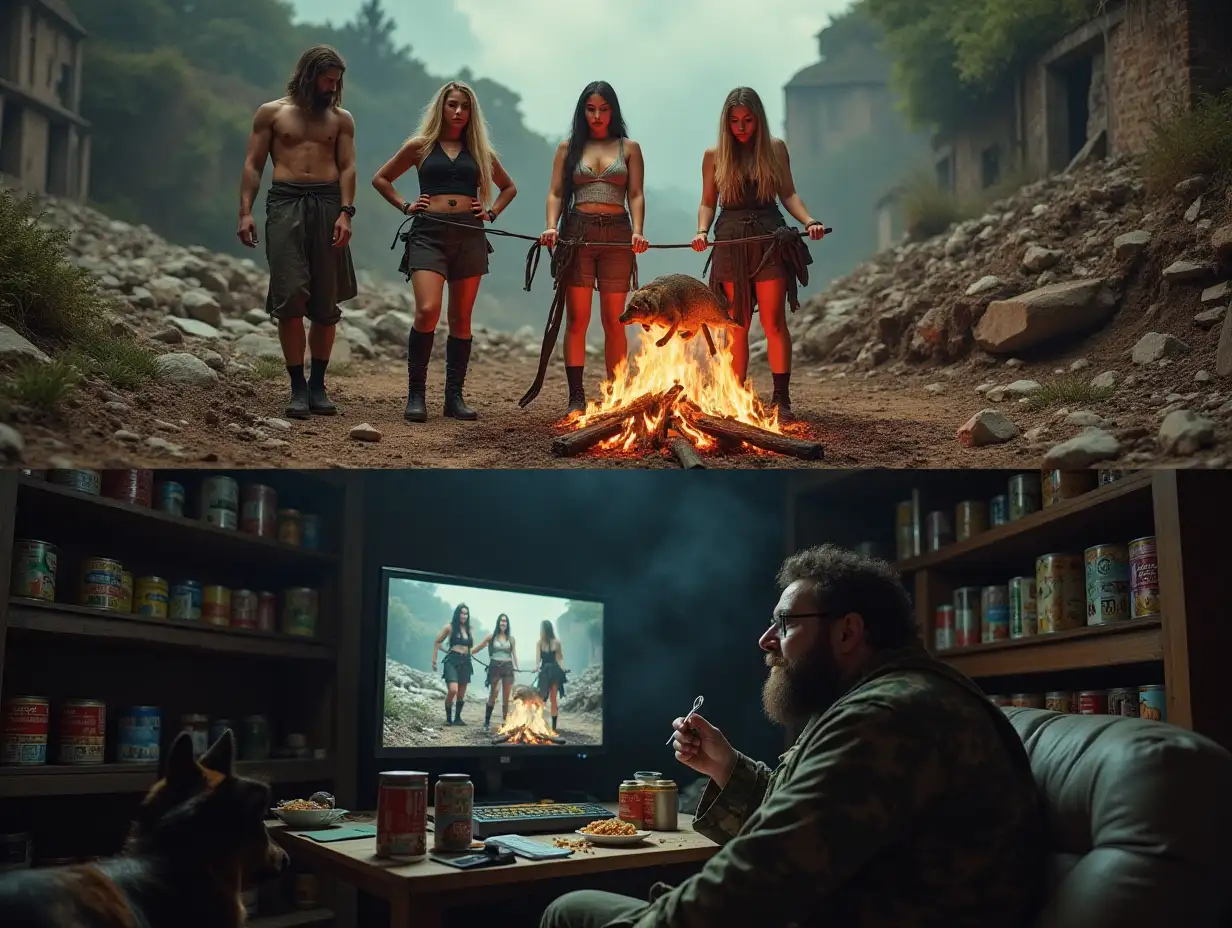 user_prompt: The picture is divided into two parts horizontally. At the top, on the ground among ruins, a group of three glamorous women in tattered rags, homeless, are roasting a rat on a spit over a fire. Below, from the bunker, a bearded man in camouflage sits on a couch, watching this scene with interest on the monitor screen, eating canned stew with a spoon, with a German shepherd sitting next to him. Along the wall of the bunker shelves with rows of cans of canned food. A funny picture.