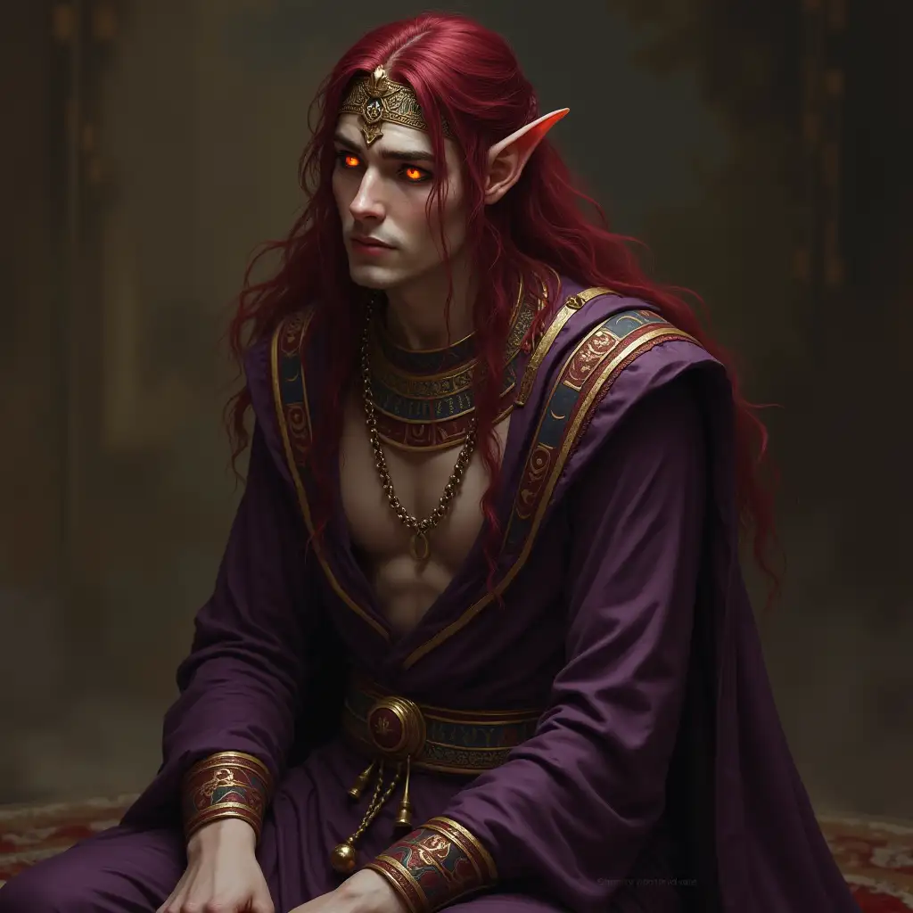 Fantasy Elf Prince in Ancient Egyptian Priest Robes Begging for Mercy Under Dark Elf Guard