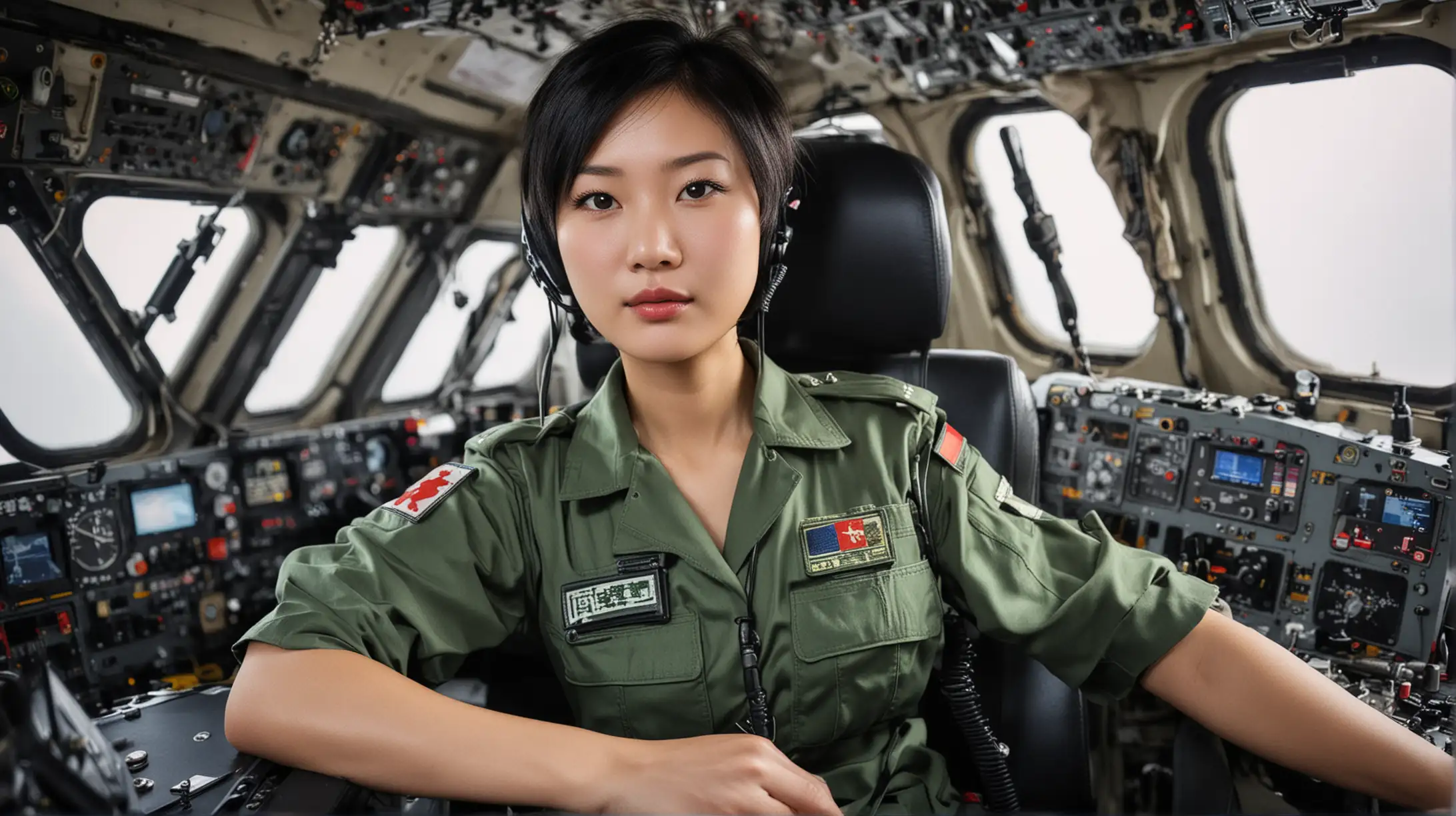 Chinese Female Transport Aircraft Pilot Observing Instruments