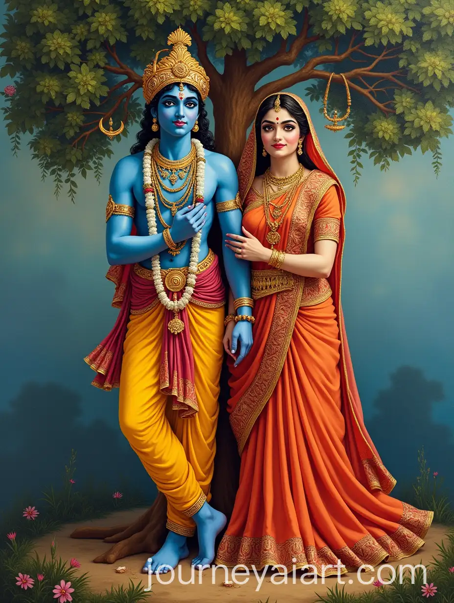 Divine-Portrait-of-Lord-Krishna-and-Radha-Under-Celestial-Kadamba-Tree