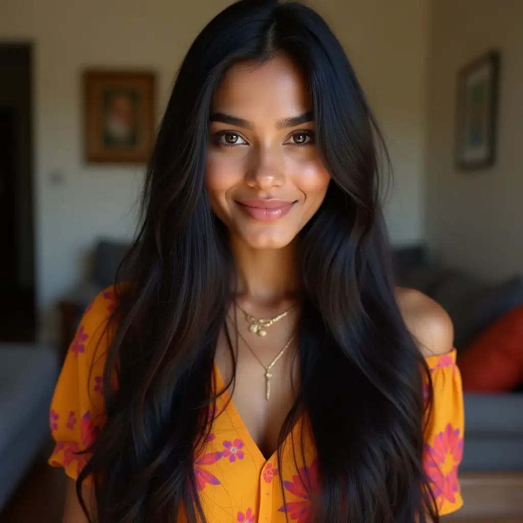 Elegant-18YearOld-Indian-Model-in-Cozy-Living-Room-with-Vibrant-Dress-and-Gold-Jewelry