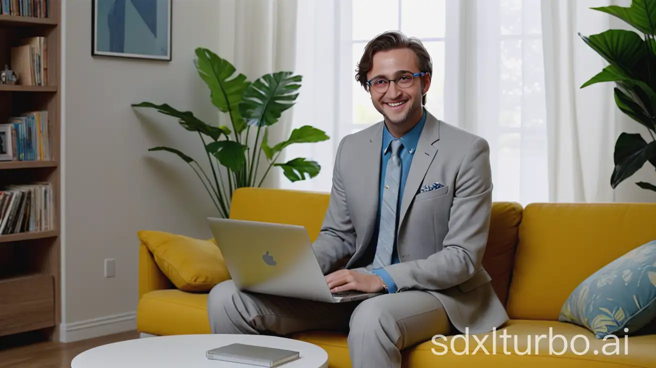 Man-Sitting-on-Yellow-Couch-in-Modern-Living-Room-with-Laptop-and-Glasses