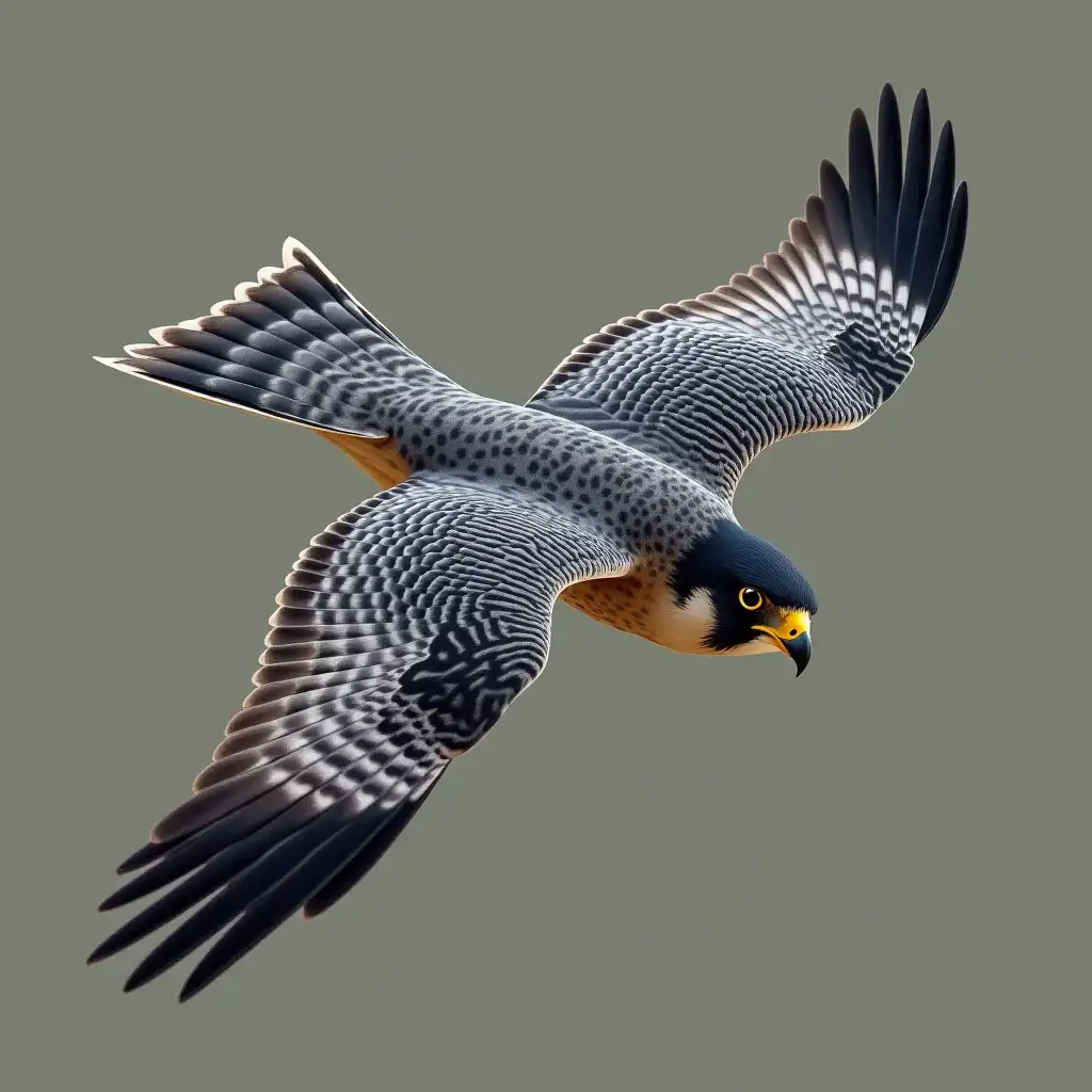 Create a highly realistic image of a peregrine falcon in mid-flight. The falcon should have distinct features, including its black head, yellow beak, and sharp yellow eyes. Its body should display gray and black barring with a smooth, streamlined appearance. The wings should be spread in a gliding position, showcasing their long, pointed shape. The lighting should be natural, highlighting the details of the bird's feathers and capturing the elegance of its flight.