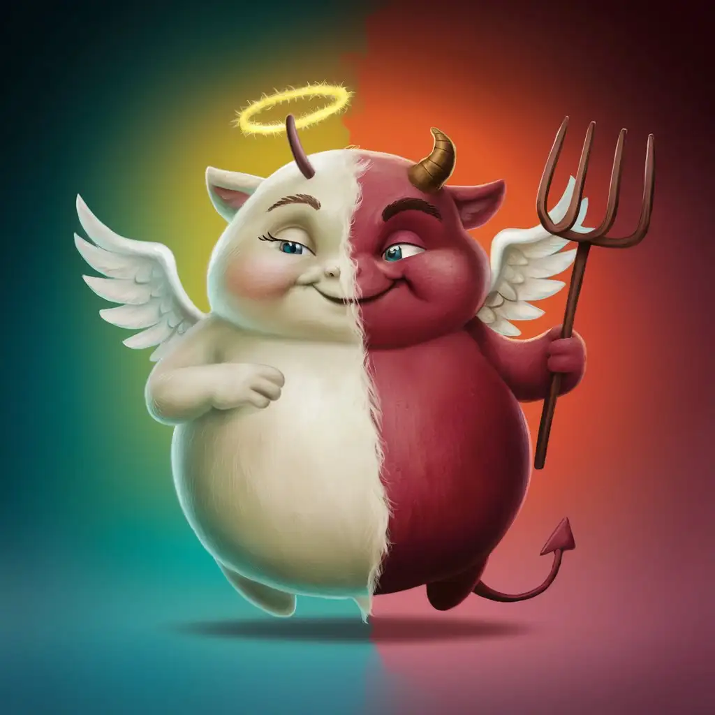 Cute Creature with Split Personality Angel and Devil Character with Round Belly and Funny Smile