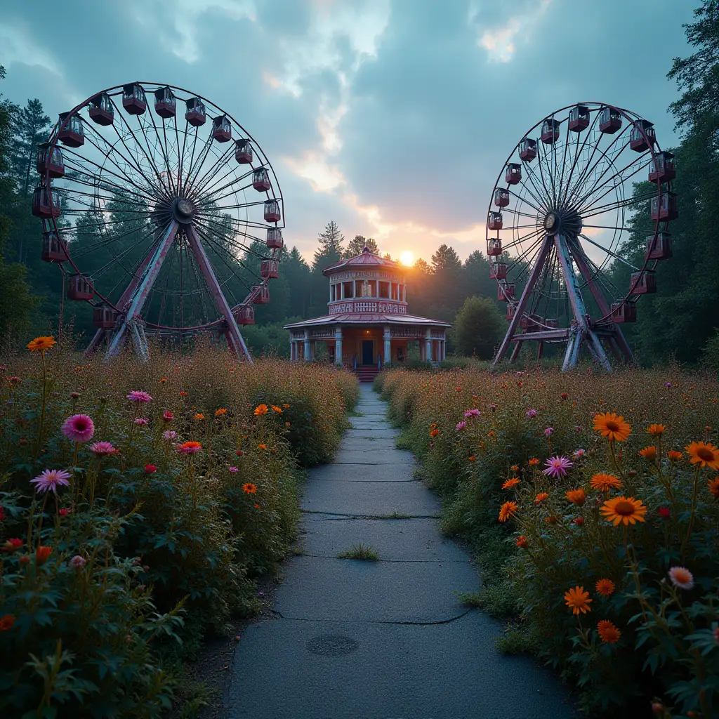 An abandoned amusement park at dawn, overgrown with vibrant, surreal flora.