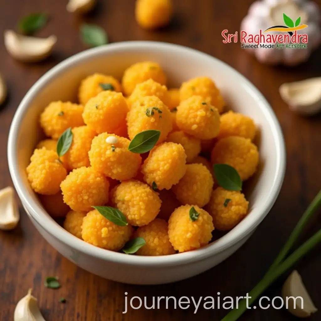 Spicy-Garlic-Boondi-with-Masala-PeAI-Image-Prompt-Expansionanuts-and-Fresh-Curry-Leaves-in-a-Ceramic-Bowl