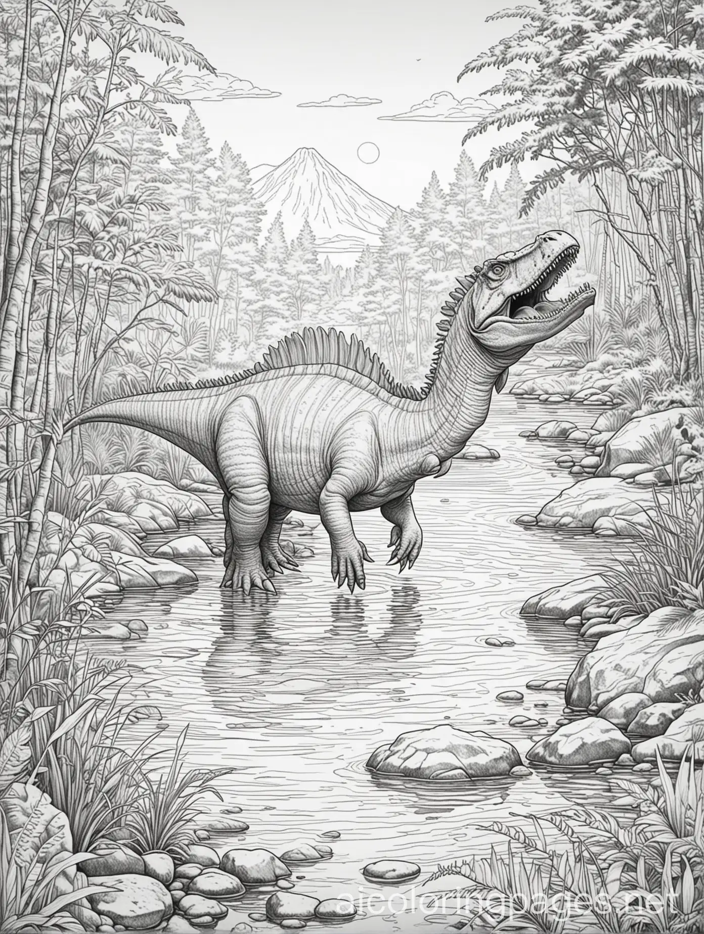 Create a coloring page of a Spinosaurus in a prehistoric environment for a children's coloring book. The scene must include the following elements:

Spinosaurus: Central in the image, Spinosaurus should be in a hunting pose, perhaps fishing in a river or lake. Highlight the dorsal sail and sharp teeth.
Environment: A water setting with a river or lake, surrounded by dense vegetation, including low trees and bushes. The sky may be clear or partly cloudy.
Details: Add details like prehistoric fish in the water, rocks, and perhaps other small prehistoric creatures around to enrich the scene.
, Coloring Page, black and white, line art, white background, Simplicity, Ample White Space. The background of the coloring page is plain white to make it easy for young children to color within the lines. The outlines of all the subjects are easy to distinguish, making it simple for kids to color without too much difficulty