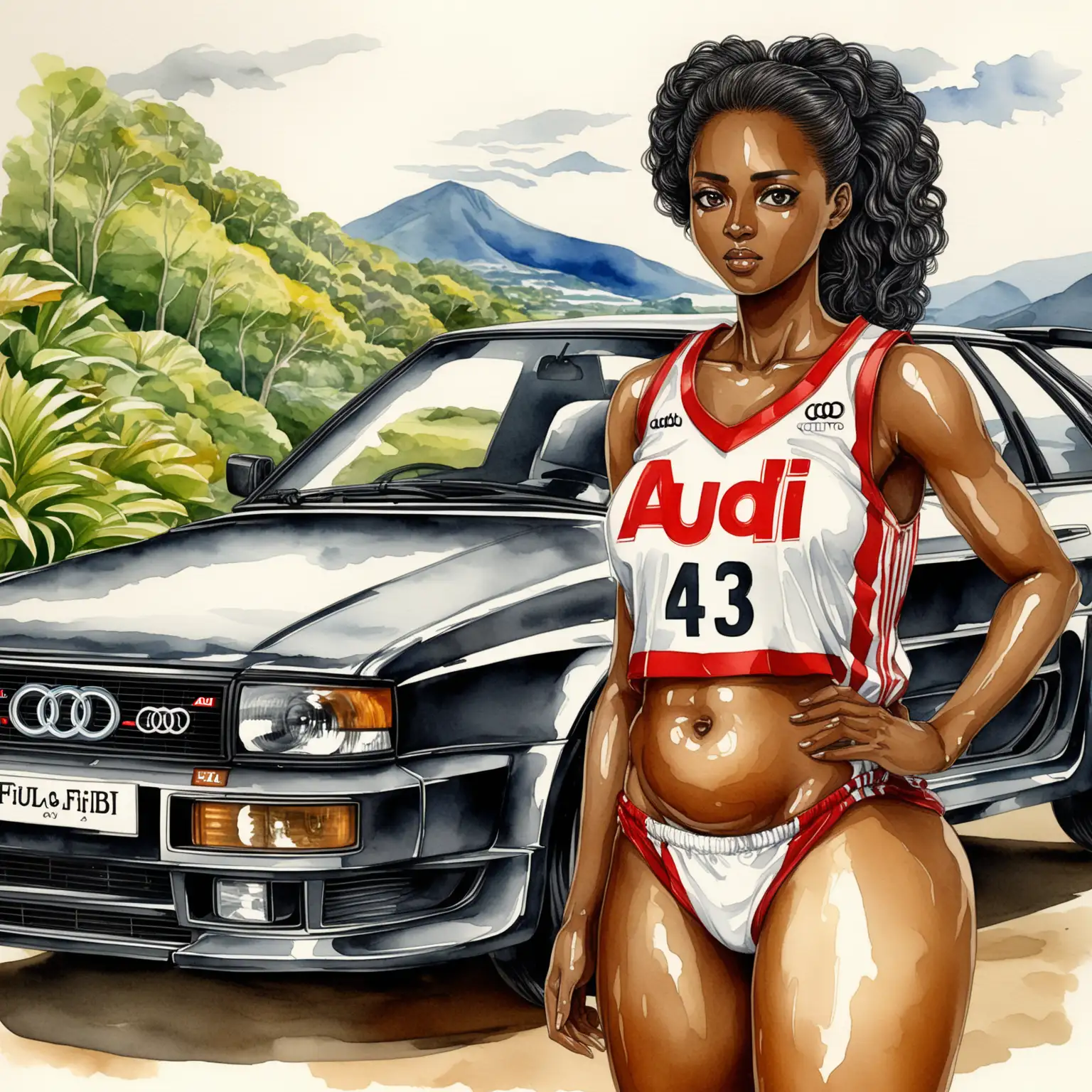 Beautiful Black Woman in Basketball Jersey with Audi Quattro Car