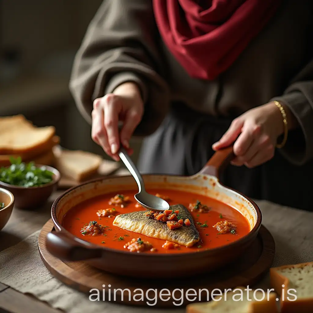 Egyptian-Woman-Preparing-Fish-Stew-for-Husband-in-Modern-Winter-Setting