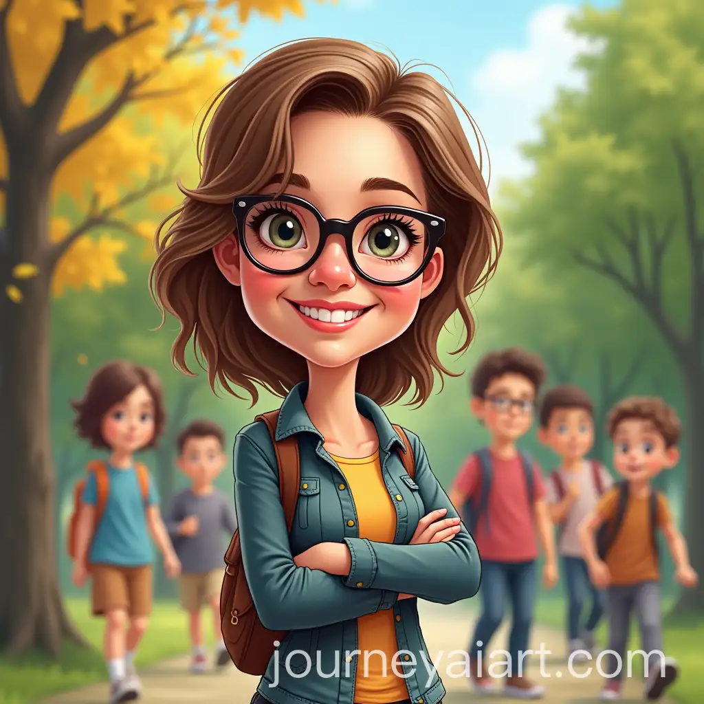 Caricature-of-White-Female-Teacher-with-Students-in-Park