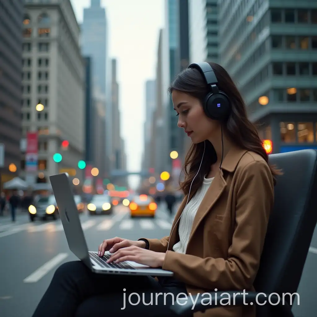 Young-Woman-Working-on-Laptop-in-Urban-Cityscape-with-Traffic-and-Business-People
