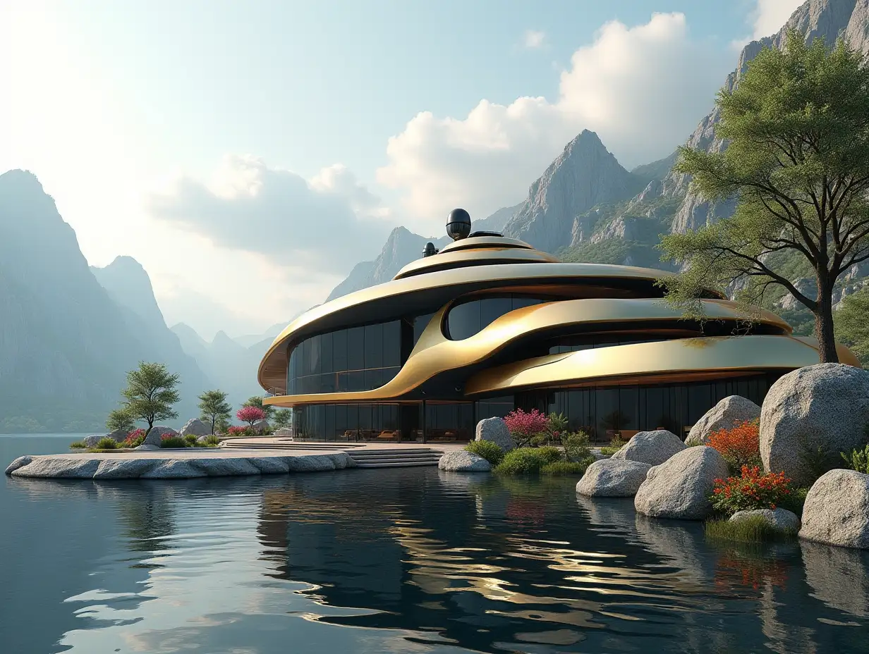 Create a high-resolution realistic image in 4k resolution of a futuristic gold and black building with curved columns, mountains, large trees, rocks, flowers, and a futuristic very large yacht with glass and a cloudy sky