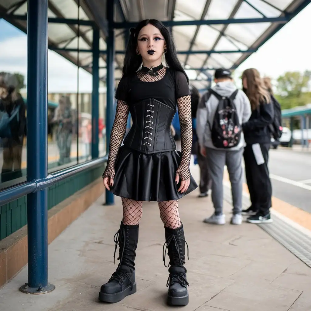 A full body pose of a 12-year-old trans American boy who decided to be a goth femboy. He had on black lipstick and nail varnish, black long wig, black eyeliner, black long sleeve fishnet shirt with black skirt and black fishnet leggings and black Demonia gothic boots that were extremely thick knee high. He has on a black corset and black posture collar. His ear lobes are stretched with black gauges. He stood at the school bus stop with the other students.