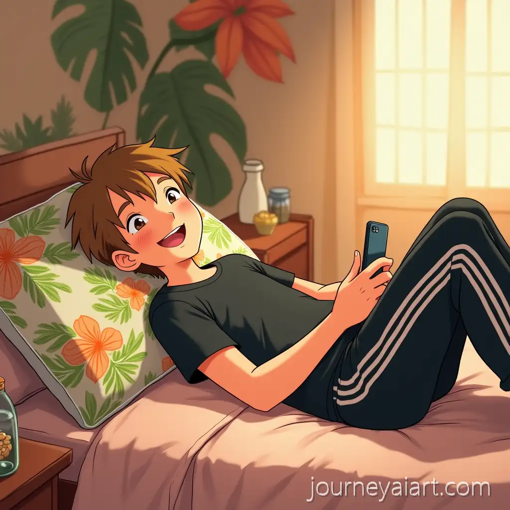 Cozy-Bedroom-with-TropicalPattern-Pillows-and-Smartphone-Studio-Ghibli-Style