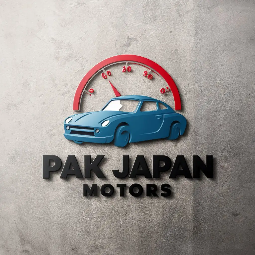 LOGO Design for PAK JAPAN MOTORS 3D Blue Car with Red Speedometer on Blackish Gray Background