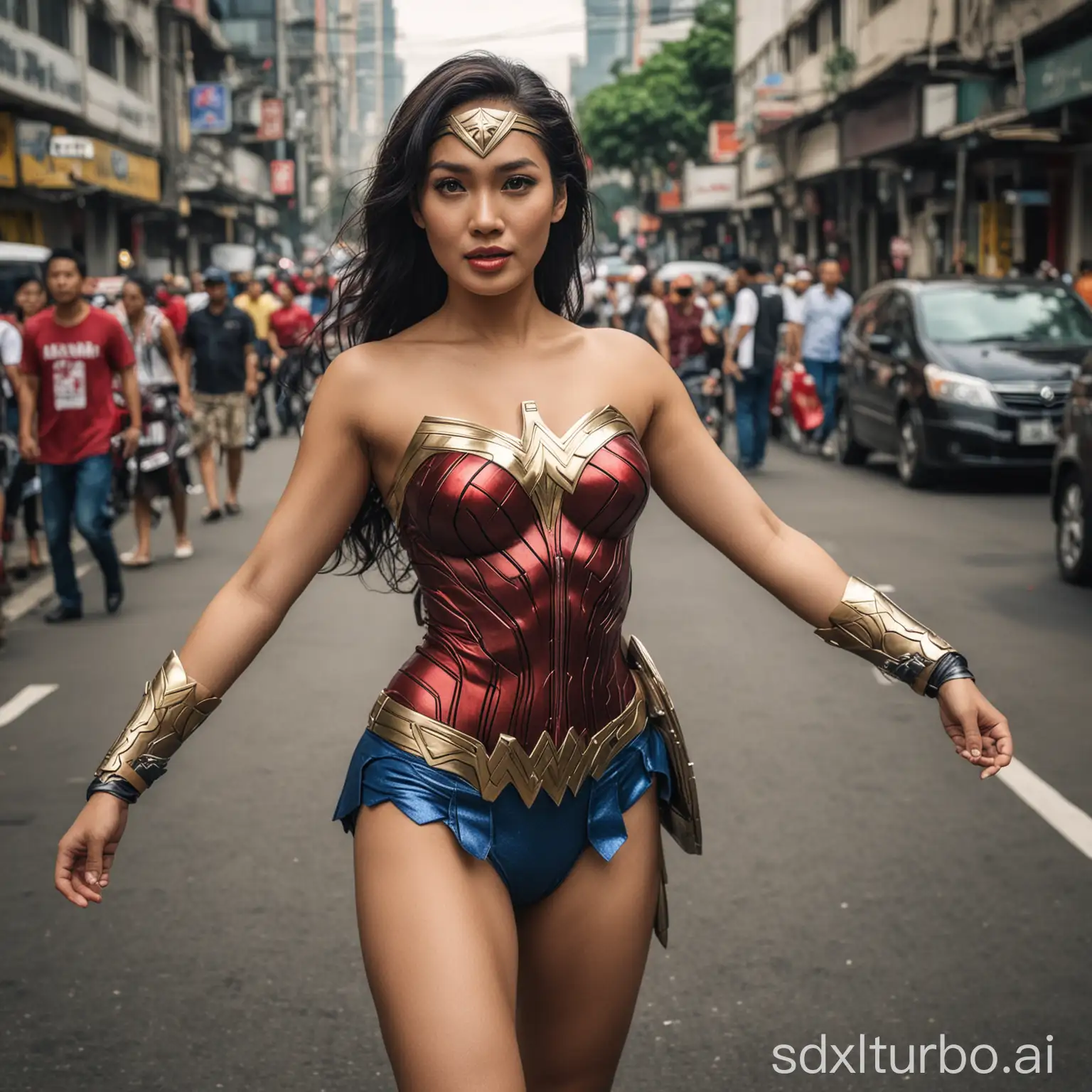an indonesian beautiful woman in her 40 with wonder woman costum, in the middle of busy Jakarta streets