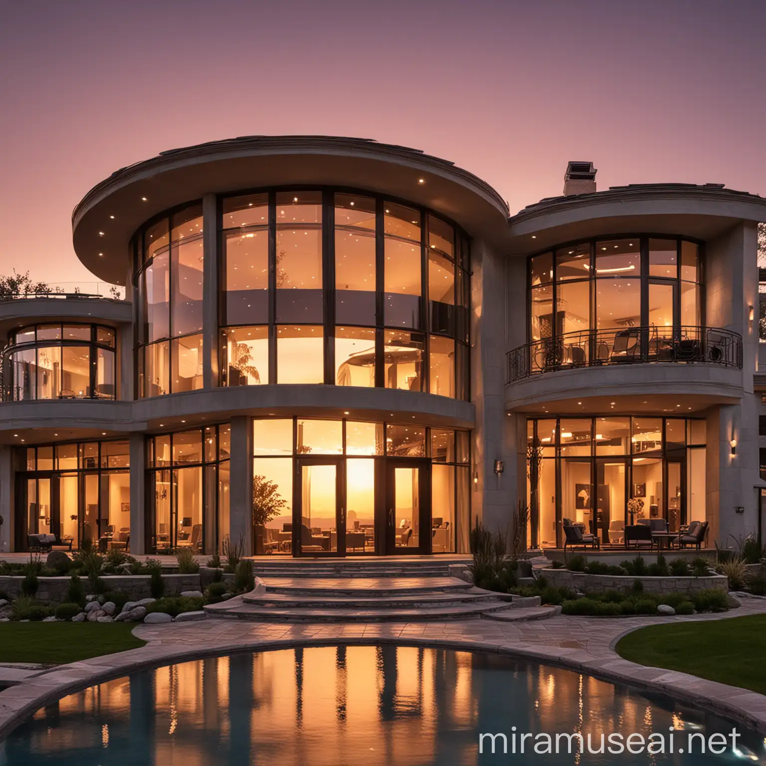 Contemporary Mansion with Round Windows at Sunset