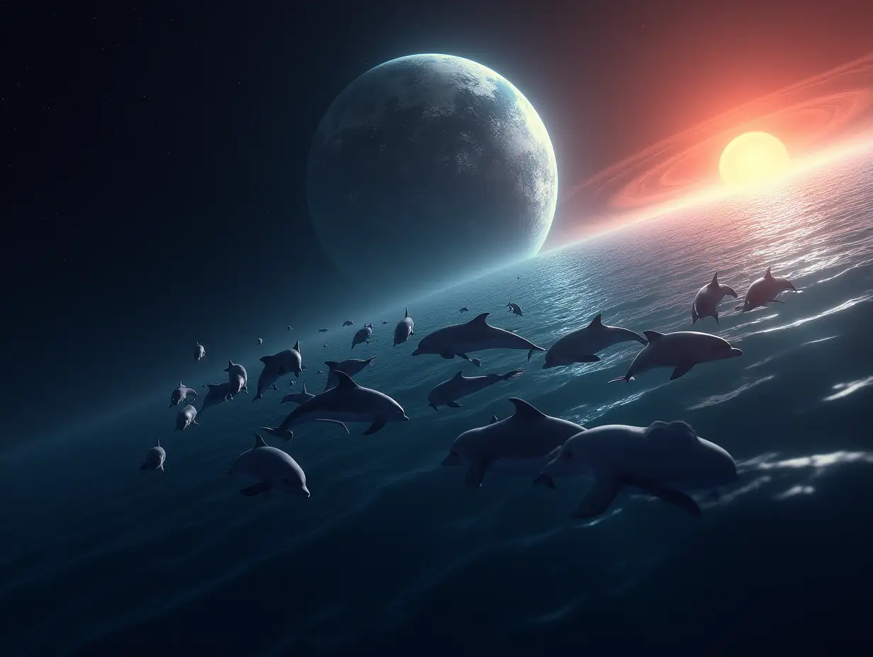 A school of 30 dolphins in space, swimming past a blue red planet with 3 concentric rings around it, a yellow sun in the distance.