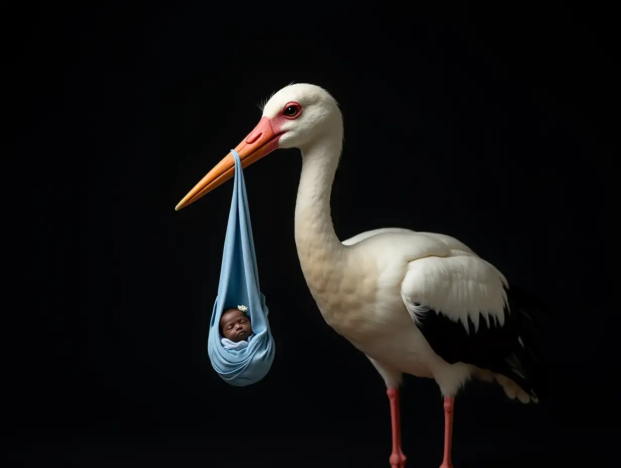 Fine art and low key portrait of extreme realism and very high definition of a stork with extreme realism in plumage and textures, holding a realistic blue velvet handkerchief in its beak, forming a package that hangs from its beak in which inside there is a comfortable and sleeping, extremely realistic newborn black baby. Black background