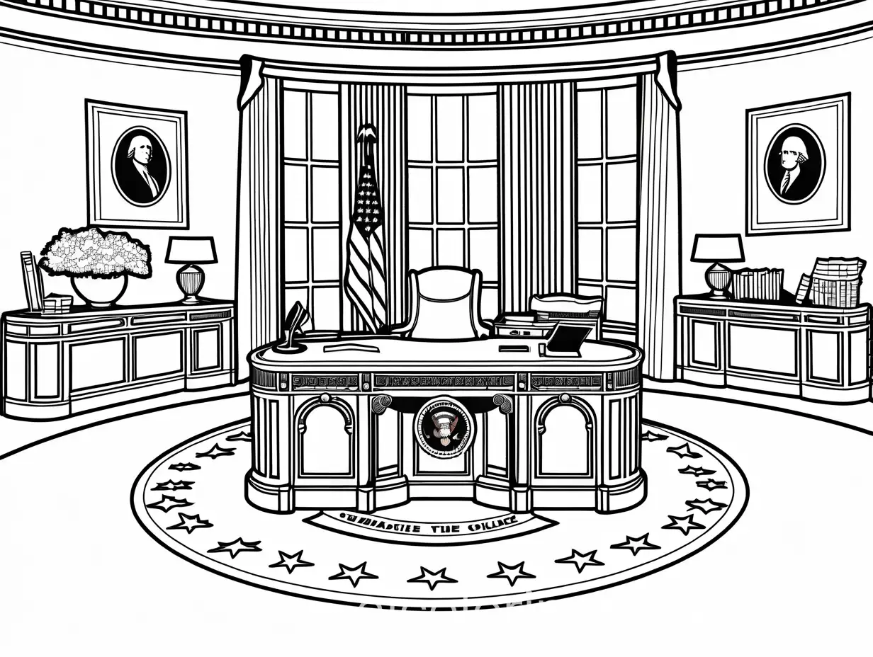 oval office, Coloring Page, black and white, line art, white background, Simplicity, Ample White Space. The background of the coloring page is plain white to make it easy for young children to color within the lines. The outlines of all the subjects are easy to distinguish, making it simple for kids to color without too much difficulty