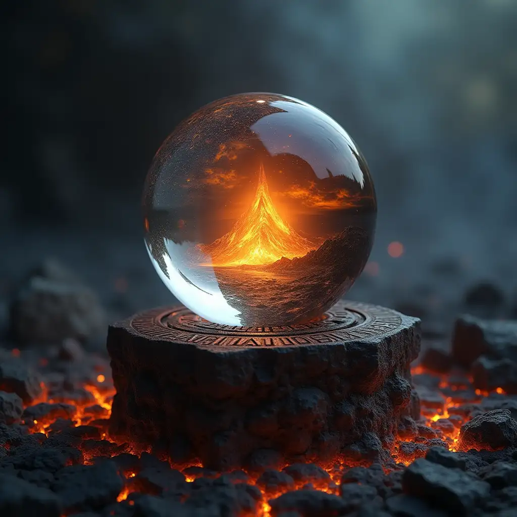 A hyperrealistic close-up shot of a crystal ball resting on a weathered, blackened pedestal carved with intricate runes glowing faintly in amber. Inside the crystal ball, a swirling flame burns eternally, its vibrant hues shifting between orange, gold, and blue, as though alive and suspended in time. The reflection on the ball shows a desolate, ash-covered landscape with a single distant, jagged mountain peak beneath a crimson and stormy sky. Around the pedestal, scattered embers glow softly, casting warm light on the cracked and textured ground. The background fades into a smoky haze, with subtle flickers of firelight illuminating the swirling smoke patterns. The lighting is dramatic, with intense highlights on the crystal ball and deep, shadowy contrasts around the edges, creating a powerful, moody atmosphere. Hyperdetailed textures, glowing ember effects, and intricate reflections bring the fiery core and surrounding environment to life.