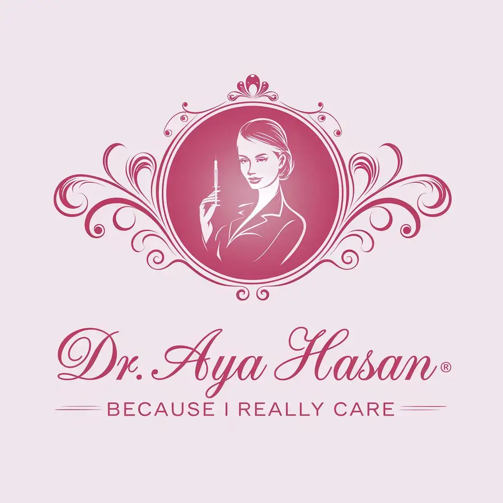 LOGO Design for Dr Aya Hasan Elegant Pink Beauty Center with Female Doctor Holding Syringe