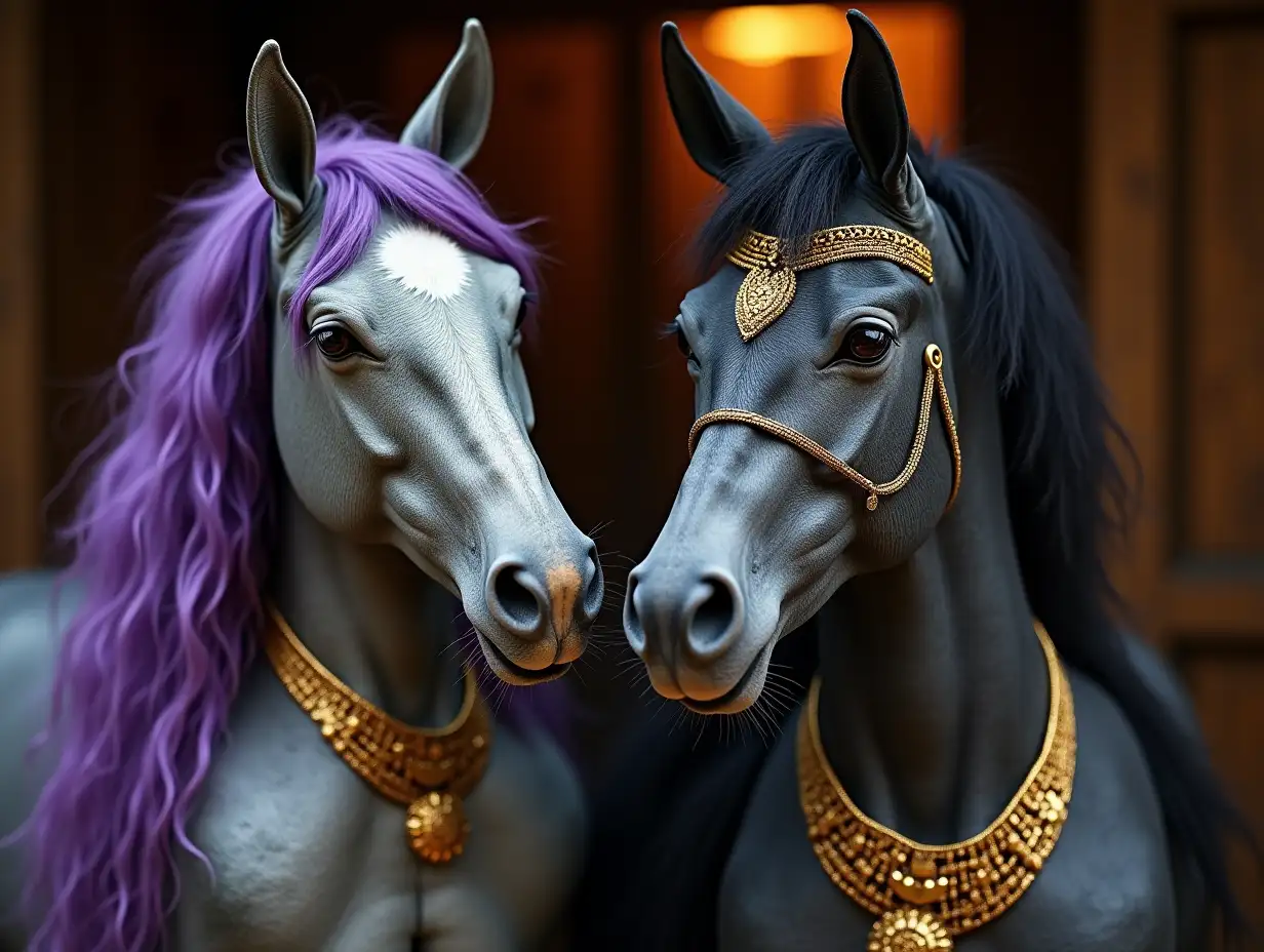 Two young black and white patterns Older horse with Alien face, with purple hair, with a light smile on its face, emphasizes its smile, modern retro jewelry, in a temple much gold different shades 4k