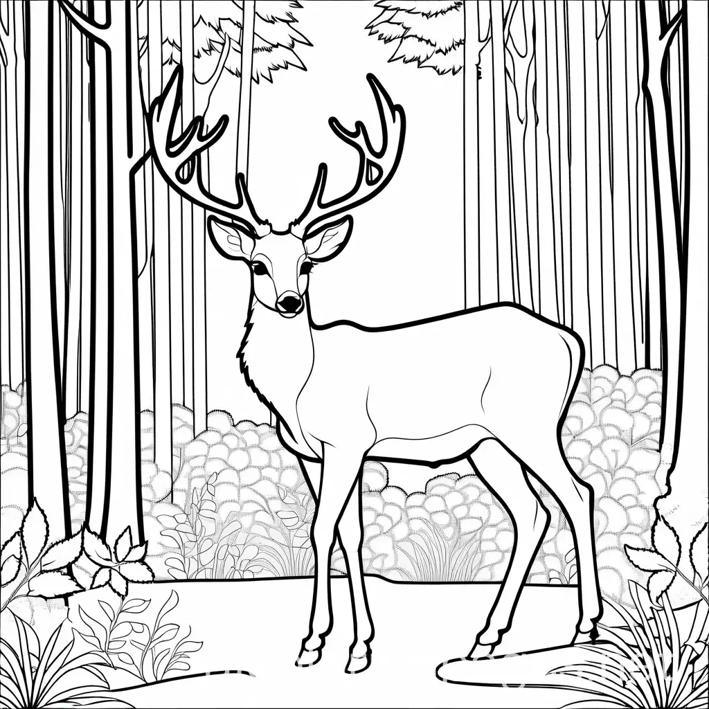 Whimsical-Deer-in-Forest-Coloring-Page-Black-and-White-Line-Art